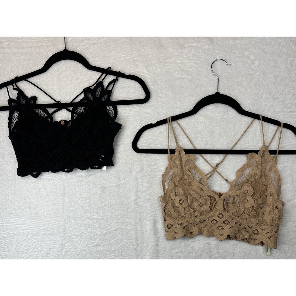 Free People Adella Bralette Lot of 2 Womens Small Black Tan Lace Boho Strappy